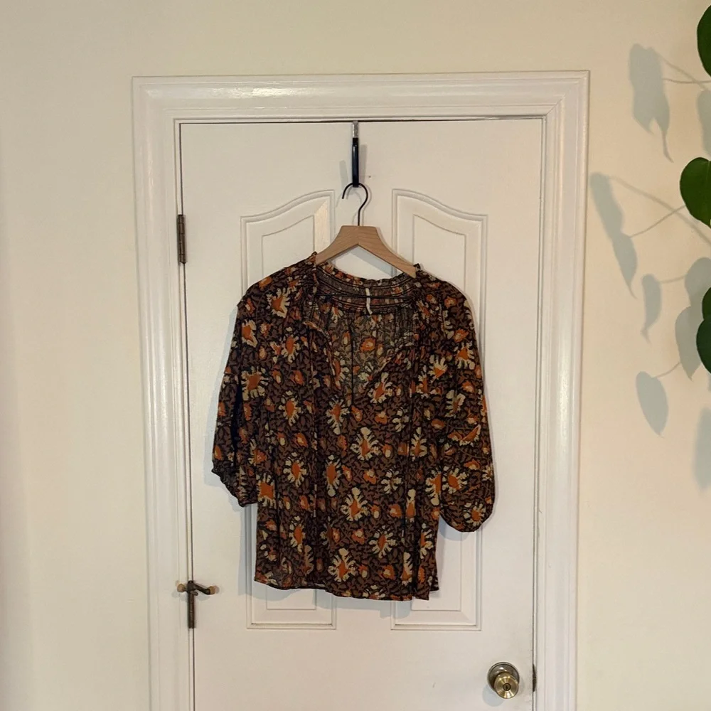 Free‎ People | Willow Print Puff Sleeve Blouse Size Large Boho Romantic Beachy